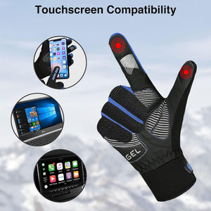 FDX Unisex Black & Blue Full Finger Winter Cycling Gloves - warm windproof anti-slip MTB padded unisex gloves, waterproof touch compatible women racing mitts