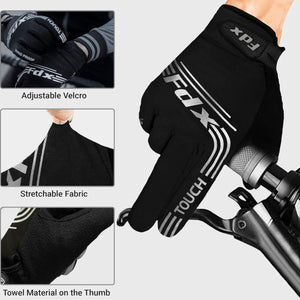FDX Men’s & Women's Black Full Finger Winter Cycling Gloves - windproof warm padded mtb mitts touch screen compatible thermal anti-slip women waterproof racing