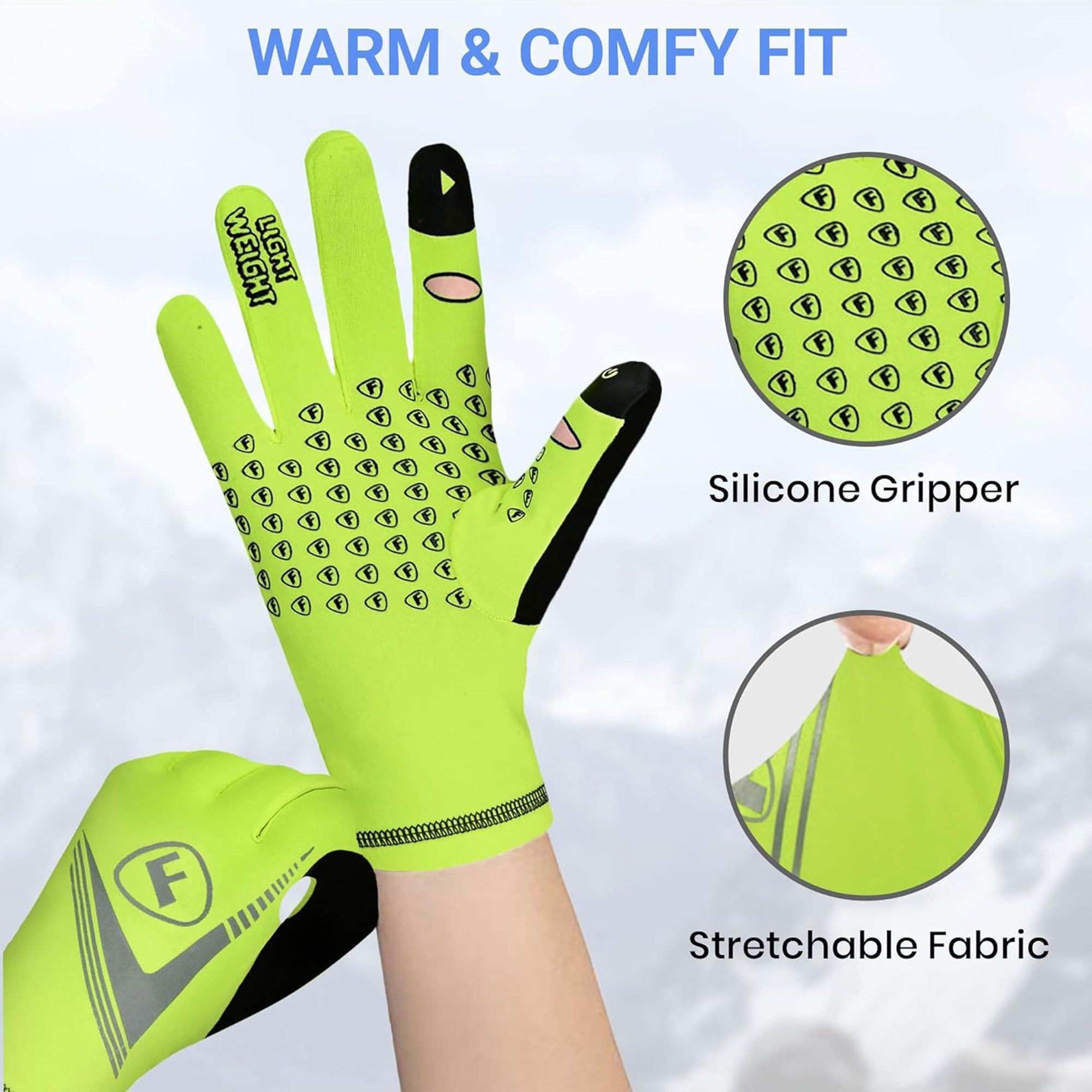 Fdx yellow Full Finger Cycling Gloves for Winter MTB Road Bike Reflective Thermal & Touch Screen - Frost