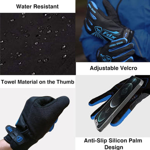 FDX Unisex Black & Blue Full Finger Winter Cycling Gloves - warm windproof anti-slip MTB padded unisex gloves, waterproof touch compatible women racing mitts