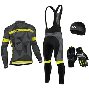 FDX Men’s 4-Piece Winter Cycling Kit Thermal Roubaix Long Sleeve Jersey, Bib Tights, Gloves & Cap Breathable & Insulating – Yellow/Grey