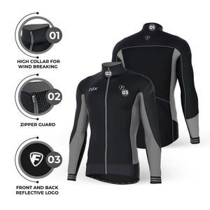 Fdx Mens Black Long Sleeve Cycling Jersey for Winter Roubaix Thermal Fleece Road Bike Wear Top Full Zipper, Pockets & Hi-viz Reflectors - Thermodream