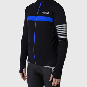 Fdx Mens Black & Blue Long Sleeve Cycling Jersey & Gel Padded Bib Tights Pants for Winter Roubaix Thermal Fleece Road Bike Wear Windproof, Hi-viz Reflectors & Pockets - All Day
