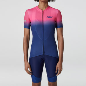 Fdx Women's Short Sleeve Cycling Jersey Pink & Blue 3D Cushion Padded Bib Shorts Best Summer Road Bike Wear Light Weight, Hi viz Reflectors & Pockets - Duo