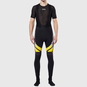 Fdx Men's Black & Yellow Long Sleeve Cycling Jersey & Gel Padded Bib Tights Pants for Winter Roubaix Thermal Fleece Road Bike Wear Windproof, Hi-viz Reflectors & Pockets - Signature