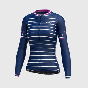 Fdx Women's Black & Blue Elastic Gripper Navy Blue Long Sleeve Cycling Jersey for Winter Roubaix Thermal Fleece Road Bike Wear Windproof, Hi viz Reflectors & Pockets - Ripple