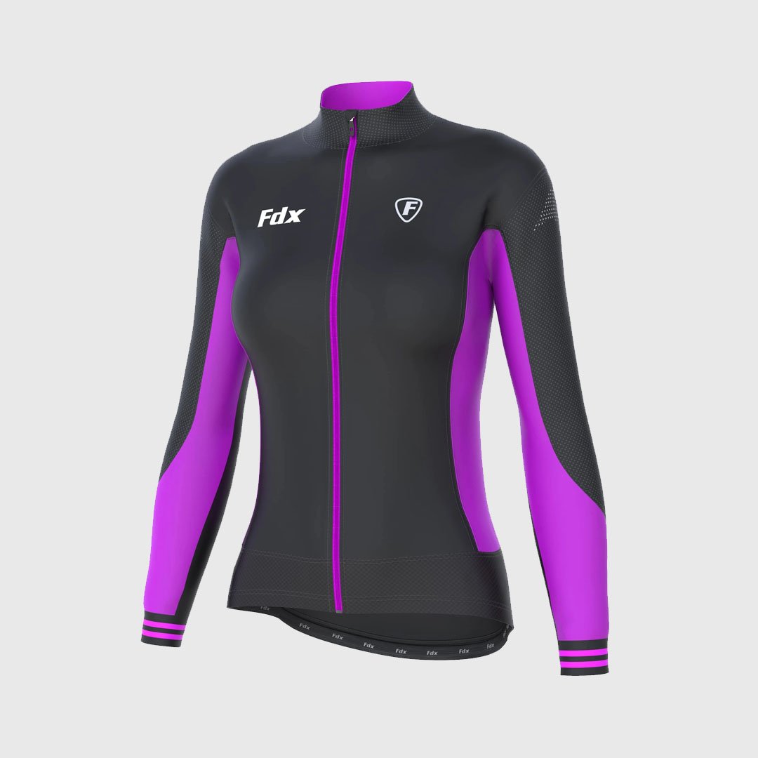 Fdx Women's Black & Purple Long Sleeve Cycling Jersey & Gel Padded Bib Tights Pants for Winter Roubaix Thermal Fleece Road Bike Wear Windproof, Hi-viz Reflectors & Pockets - Thermodream