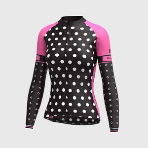 Fdx Women's Long Sleeve Cycling Jersey Black & Pink Gel Padded Bib Tights Pants for Winter Roubaix Thermal Fleece Road Bike Wear Windproof, Hi-viz Reflectors & Pockets - Polka Dots UK