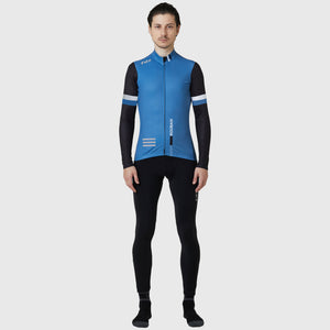 Fdx Men's Black & Blue Long Sleeve Cycling Jersey & Gel Padded Bib Tights Pants for Winter Roubaix Thermal Fleece Road Bike Wear Windproof, Hi-viz Reflectors & Pockets - Limited Edition