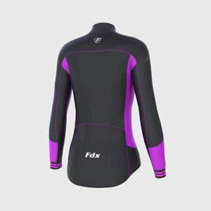 Fdx Women's Long Sleeve Cycling Jersey Purple & Black Reflective Details Hi-Vis Logo Long Collar Storage Back Pockets Windproof Road Wear Long Tail Thermodream UK