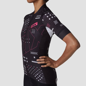 Fdx Women's Black Short Sleeve Cycling Jersey Breathable Quick Dry Mesh Fleece Full Zip Hi Viz Reflectors & Pockets Summer Cycling Gear UK