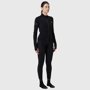 Fdx Women's Black Long Sleeve Cycling Jersey & Gel Padded Bib Tights Pants for Winter Roubaix Thermal Fleece Cycling Wear Windproof, Reflective details & Pockets - UK