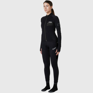 Women's Black Long Sleeve Cycling Jersey with thumb whole & Gel Padded Bib Tights Pants for Winter Roubaix Thermal Fleece Road Bike Wear Windproof, Hi vis Reflectors & Pockets - Arch