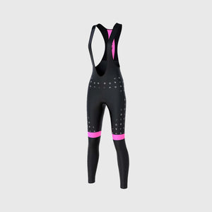 Fdx Women's Black & Pink Gel Padded Bib Tights Pants for Winter Roubaix Thermal Fleece Road Bike Wear Windproof, Hi-viz Reflectors & Pockets - Polka Dots