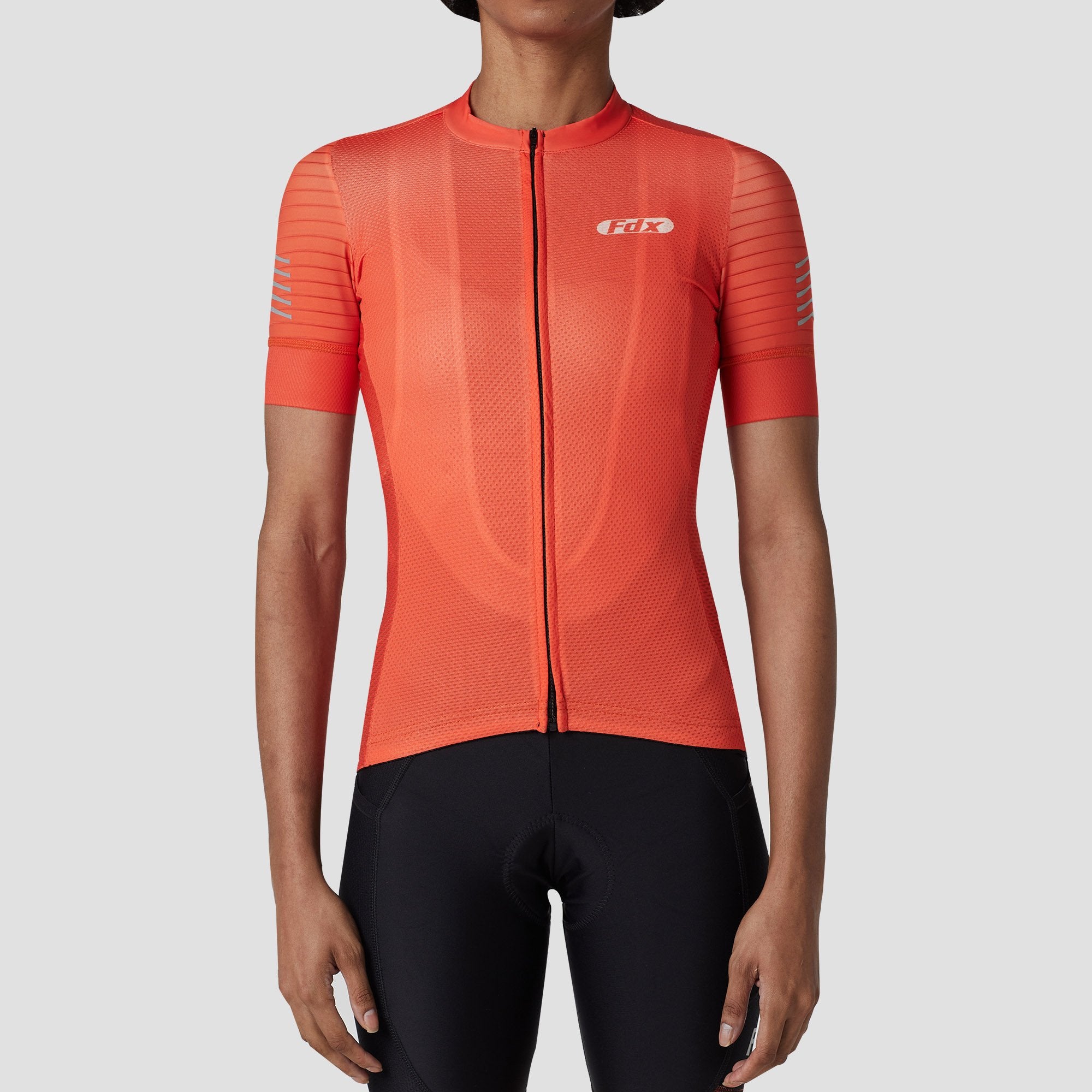 Fdx Womens Orange Short Sleeve Cycling Jersey for Summer Best Road Bike Wear Top Light Weight, Full Zipper, Pockets & Hi-viz Reflectors - Essential