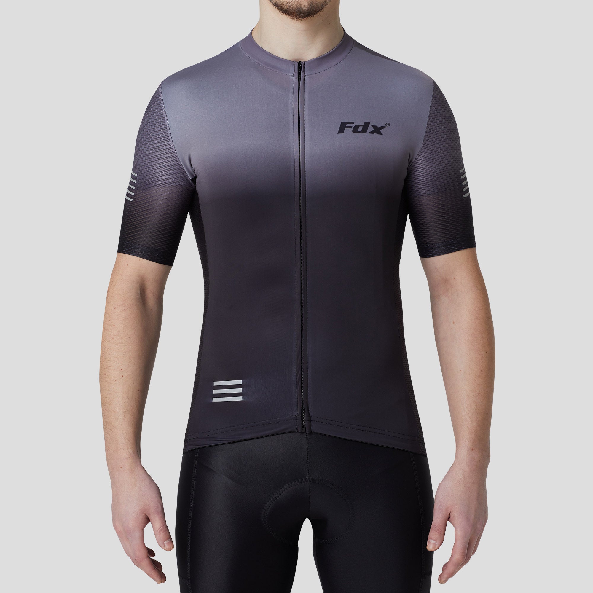 Fdx Mens Grey & Black Short Sleeve Cycling Jersey for Summer Best Road Bike Wear Top Light Weight, Full Zipper, Pockets & Hi-viz Reflectors - Duo
