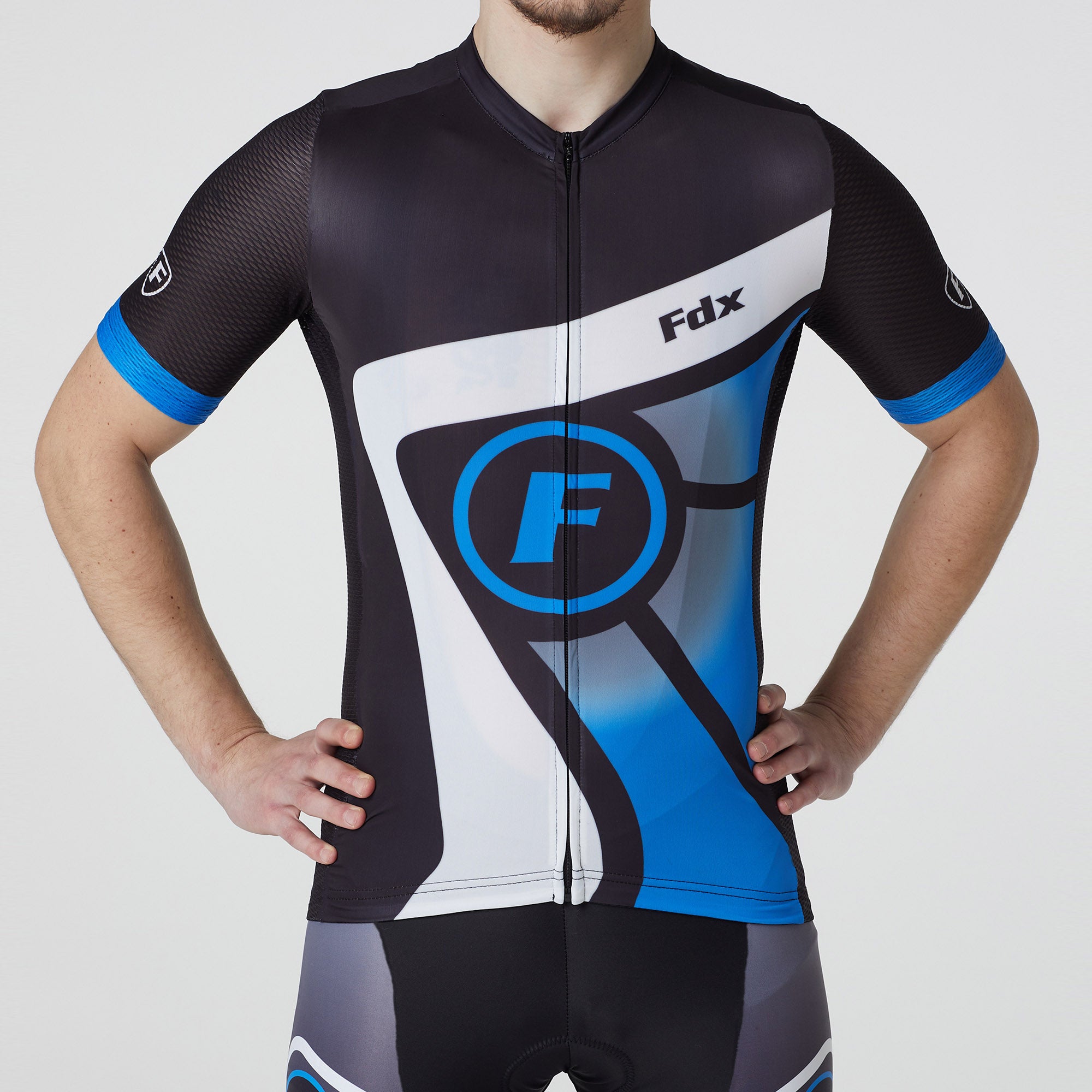 Fdx Mens Black & Blue Short Sleeve Cycling Jersey for Summer Best Road Bike Wear Top Light Weight, Full Zipper, Pockets & Hi-viz Reflectors - Signature