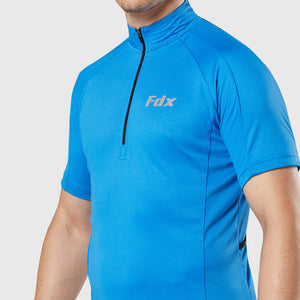Fdx Mens Blue Short Sleeve Cycling Jersey for Summer Best Road Bike Wear Top Light Weight, 3/4 Zipper, Pockets & Hi-viz Reflectors - Pace