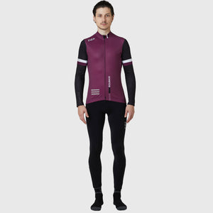 Fdx Men's Black & Purple Long Sleeve Cycling Jersey & Gel Padded Bib Tights Pants for Winter Roubaix Thermal Fleece Road Bike Wear Windproof, Hi-viz Reflectors & Pockets - Limited Edition