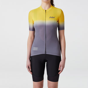 Fdx Women's Short Sleeve Cycling Jersey Yellow & Grey 3D Cushion Padded Bib Shorts Best Summer Road Bike Wear Light Weight, Hi viz Reflectors & Pockets - Duo