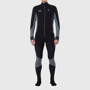 Fdx Mens Black & Grey Long Sleeve Cycling Jersey & Gel Padded Bib Tights Pants for Winter Roubaix Thermal Fleece Road Bike Wear Windproof, Hi-viz Reflectors & Pockets - Thermodream