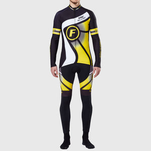 Fdx Men's Black & Yellow Long Sleeve Cycling Jersey & Gel Padded Bib Tights Pants for Winter Roubaix Thermal Fleece Road Bike Wear Windproof, Hi-viz Reflectors & Pockets - Signature