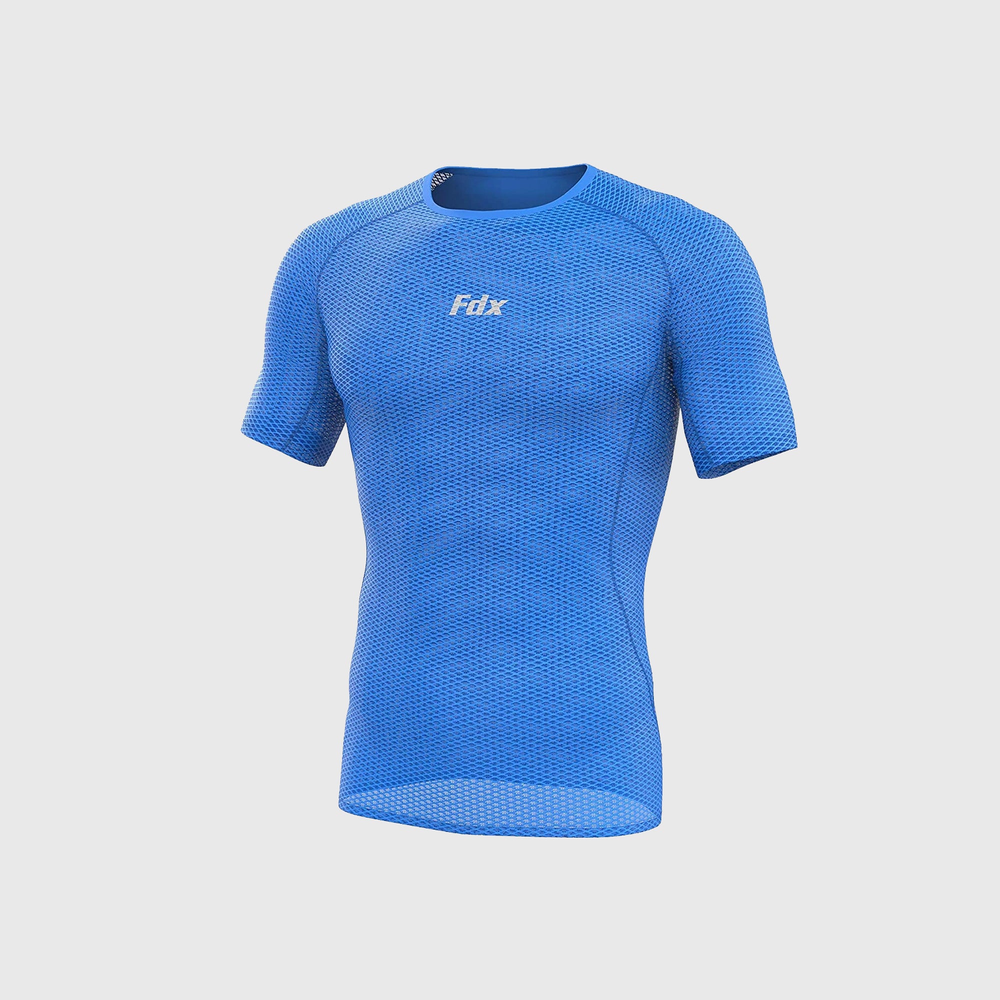 Fdx Mens Blue Short Sleeve Mesh Compression Top Running Gym Workout Wear Rash Guard Stretchable Breathable - Aeroform