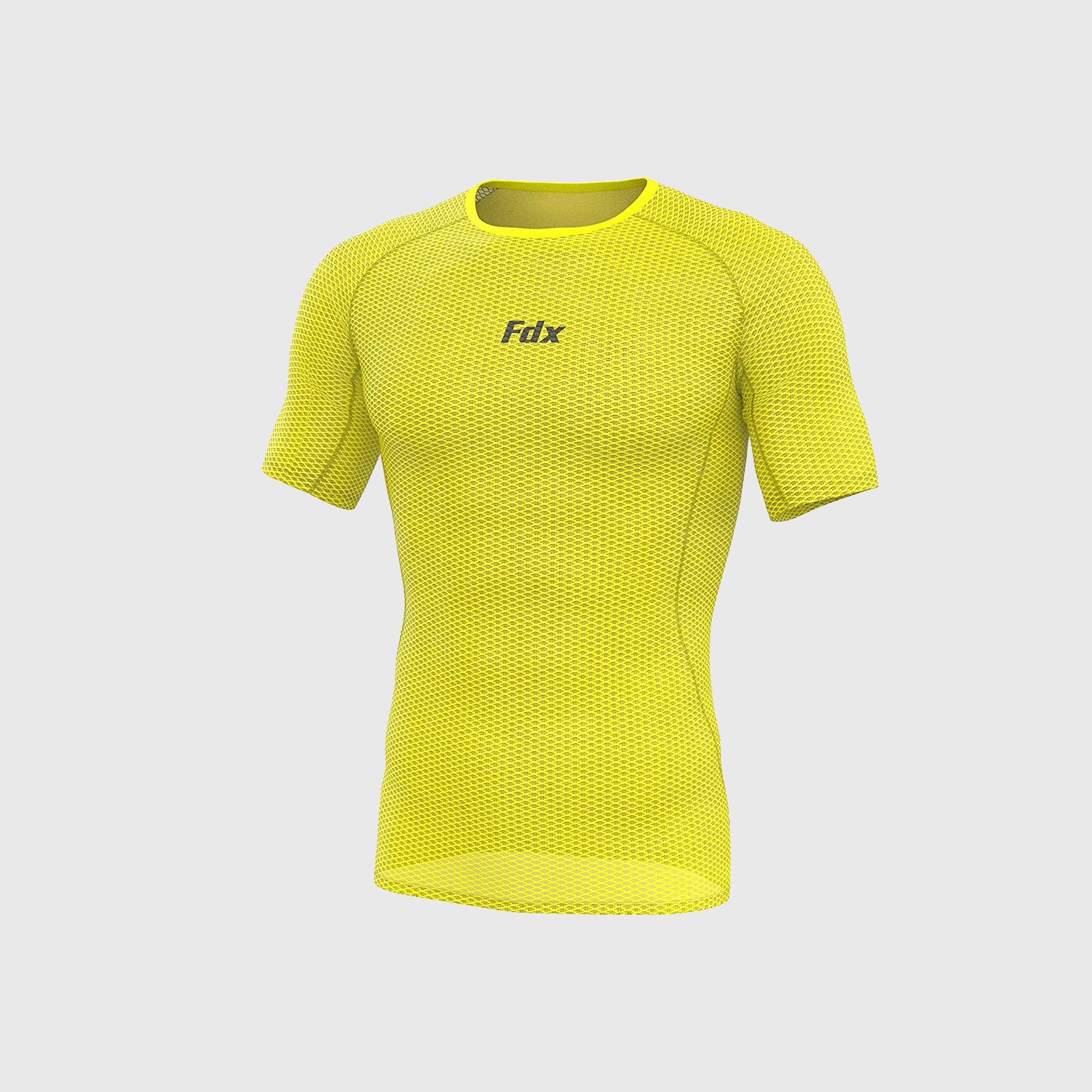 Fdx Mens Yellow Short Sleeve Mesh Compression Top Running Gym Workout Wear Rash Guard Stretchable Breathable - Aeroform