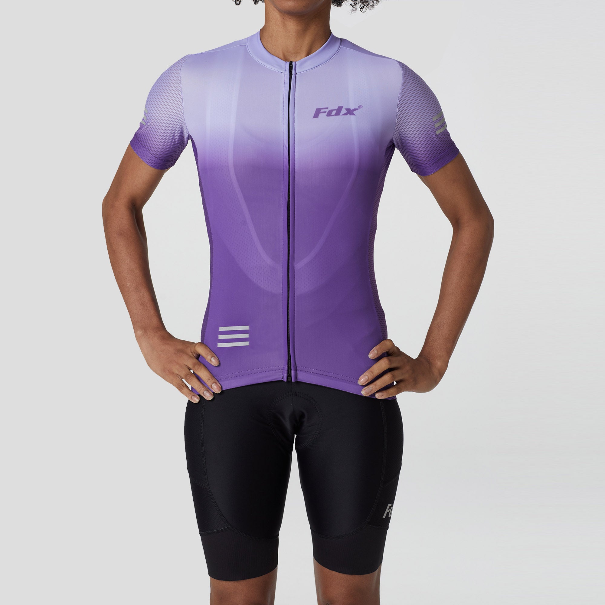 Fdx Women's Purple Short Sleeve Cycling Jersey & 3D Cushion Padded Bib Shorts Best Summer Road Bike Wear Light Weight, Hi-viz Reflectors & Pockets - Duo