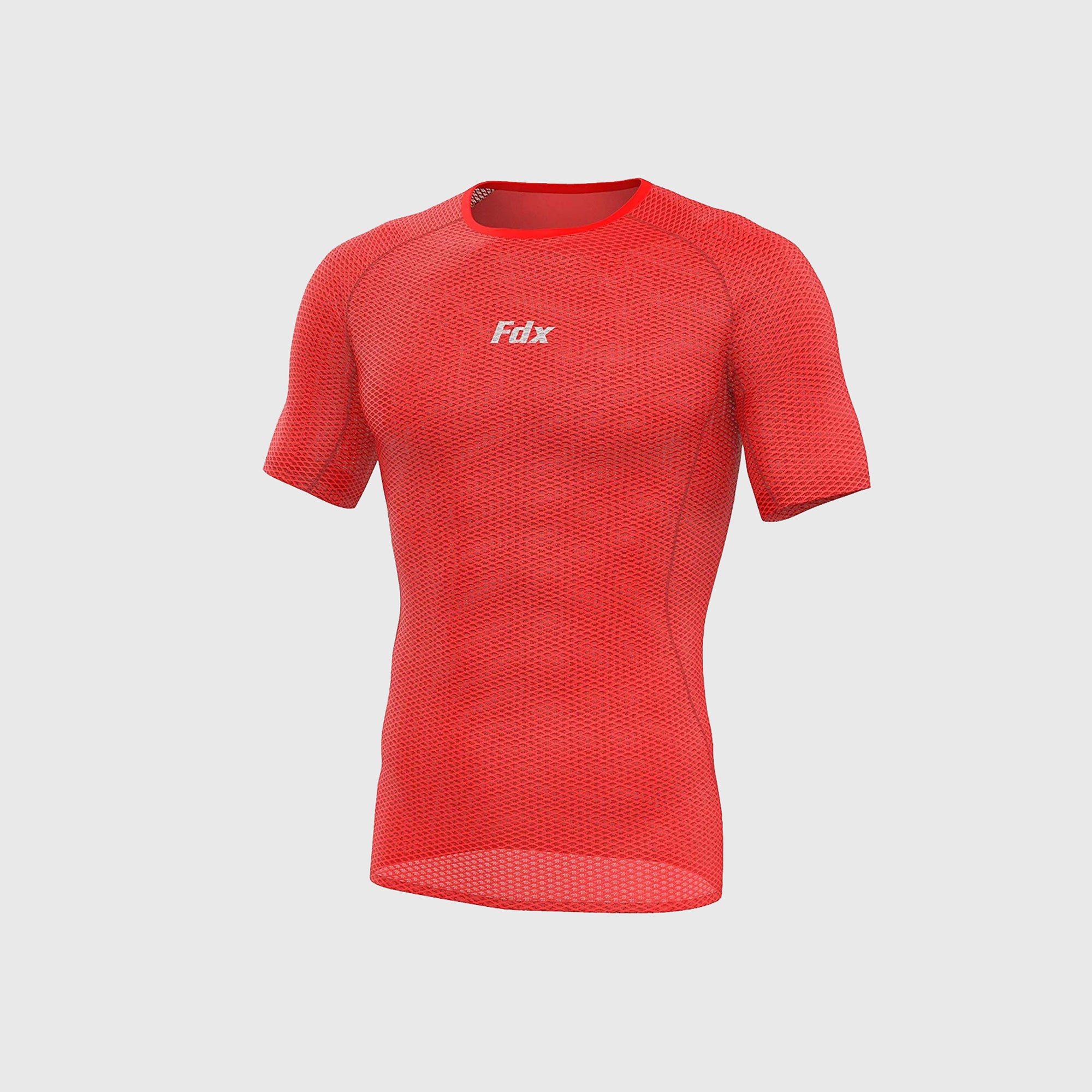 Fdx Mens Red Short Sleeve Mesh Compression Top Running Gym Workout Wear Rash Guard Stretchable Breathable - Aeroform