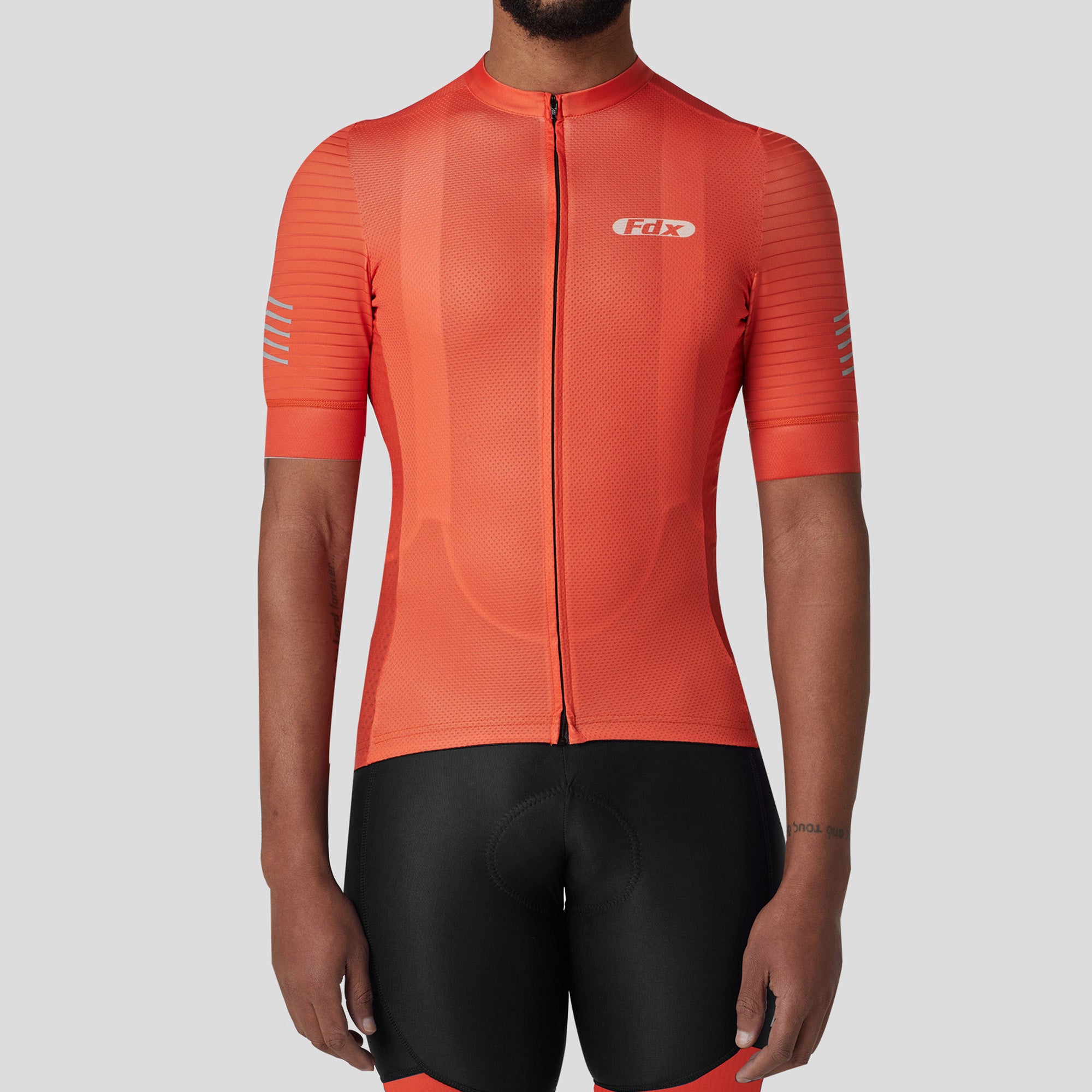 Fdx Mens Orange Short Sleeve Cycling Jersey for Summer Best Road Bike Wear Top Light Weight, Full Zipper, Pockets & Hi-viz Reflectors - Essential