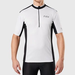 Fdx Mens White & Black Half Sleeve Cycling Jersey for Summer Best Road Bike Wear Top Light Weight, Full Zipper, Pockets & Hi-viz Reflectors - Vertex