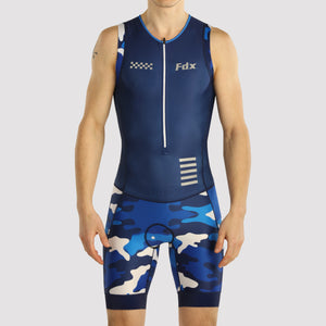 Fdx Mens Blue Sleeveless Gel Padded Triathlon / Skin Suit for Summer Cycling Wear, Running & Swimming Half Zip - Camouflage