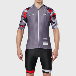 Fdx Short Sleeve Cycling Jersey & Gel Padded Bib Shorts for Mens Grey Best Summer Road Bike Wear Light Weight, Hi-viz Reflectors & Pockets - Camouflage