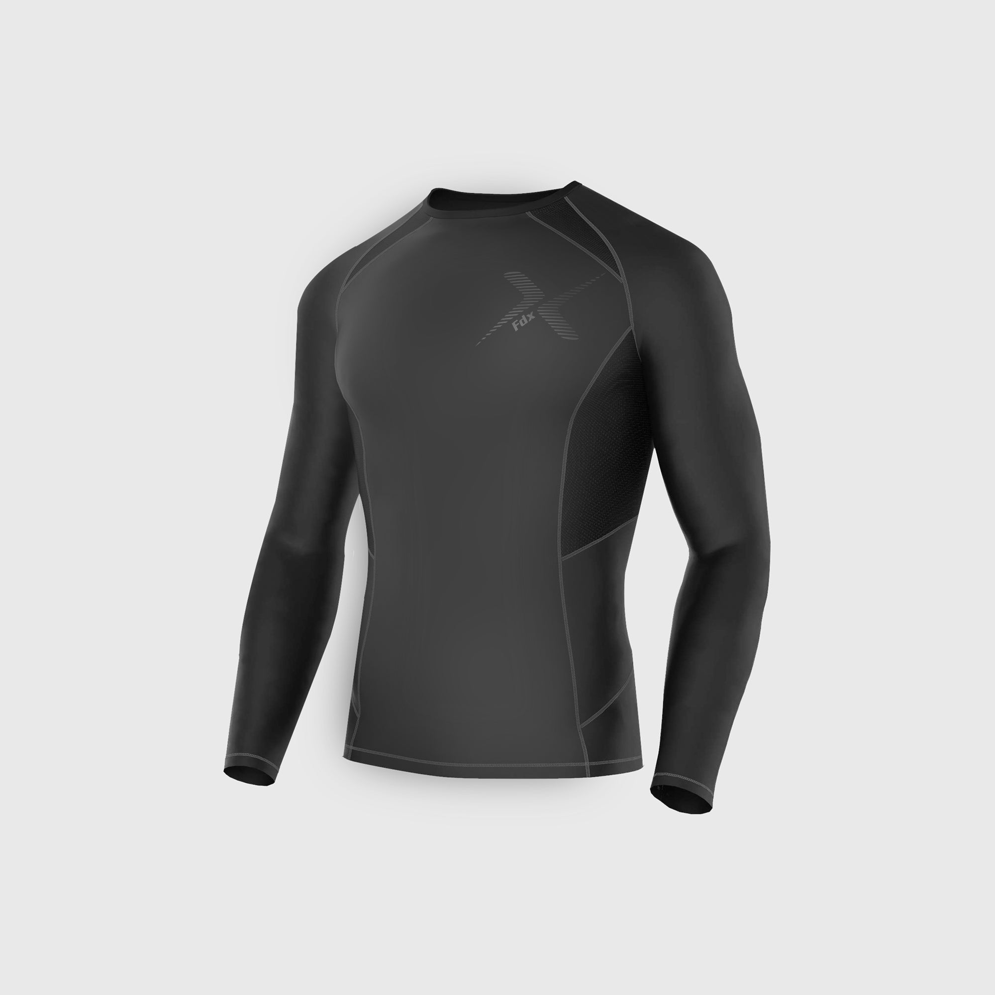Fdx Mens Black & Grey Long Sleeve Compression Top Running Gym Workout Wear Rash Guard Stretchable Breathable - Recoil