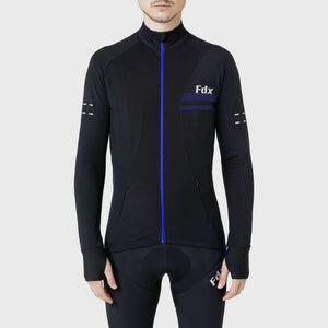 Fdx Mens Blue Long Sleeve Cycling Jersey for Winter Roubaix Thermal Fleece Road Bike Wear Top Full Zipper, Pockets & Hi-viz Reflectors - Arch