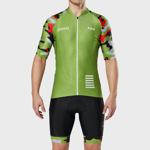 Fdx Short Sleeve Cycling Jersey & Gel Padded Bib Shorts for Mens Green Best Summer Road Bike Wear Light Weight, Hi-viz Reflectors & Pockets - Camouflage