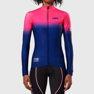 Fdx Womens Pink & Blue Long Sleeve Cycling Jersey for Winter Roubaix Thermal Fleece Road Bike Wear Top Full Zipper, Pockets & Hi-viz Reflectors - Duo