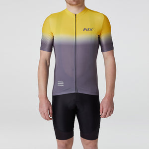 Fdx Short Sleeve Cycling Jersey & Gel Padded Bib Shorts for Mens Grey & Yellow Best Summer Road Bike Wear Light Weight, Hi-viz Reflectors & Pockets - Duo