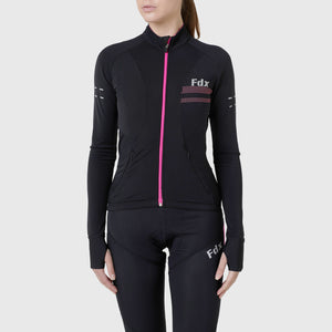 FDX Women’s full sleeves cycling jersey Black & Pink warm winter Roubaix biking top, lightweight windproof long sleeves fleece lined cycle shirt for riding