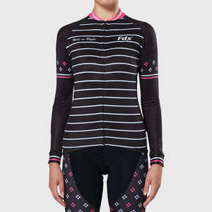 Women’s Black & Pink full sleeves cycling jersey windproof warm Roubaix winter biking top, lightweight long sleeves thermal fleece shirt for bike riding