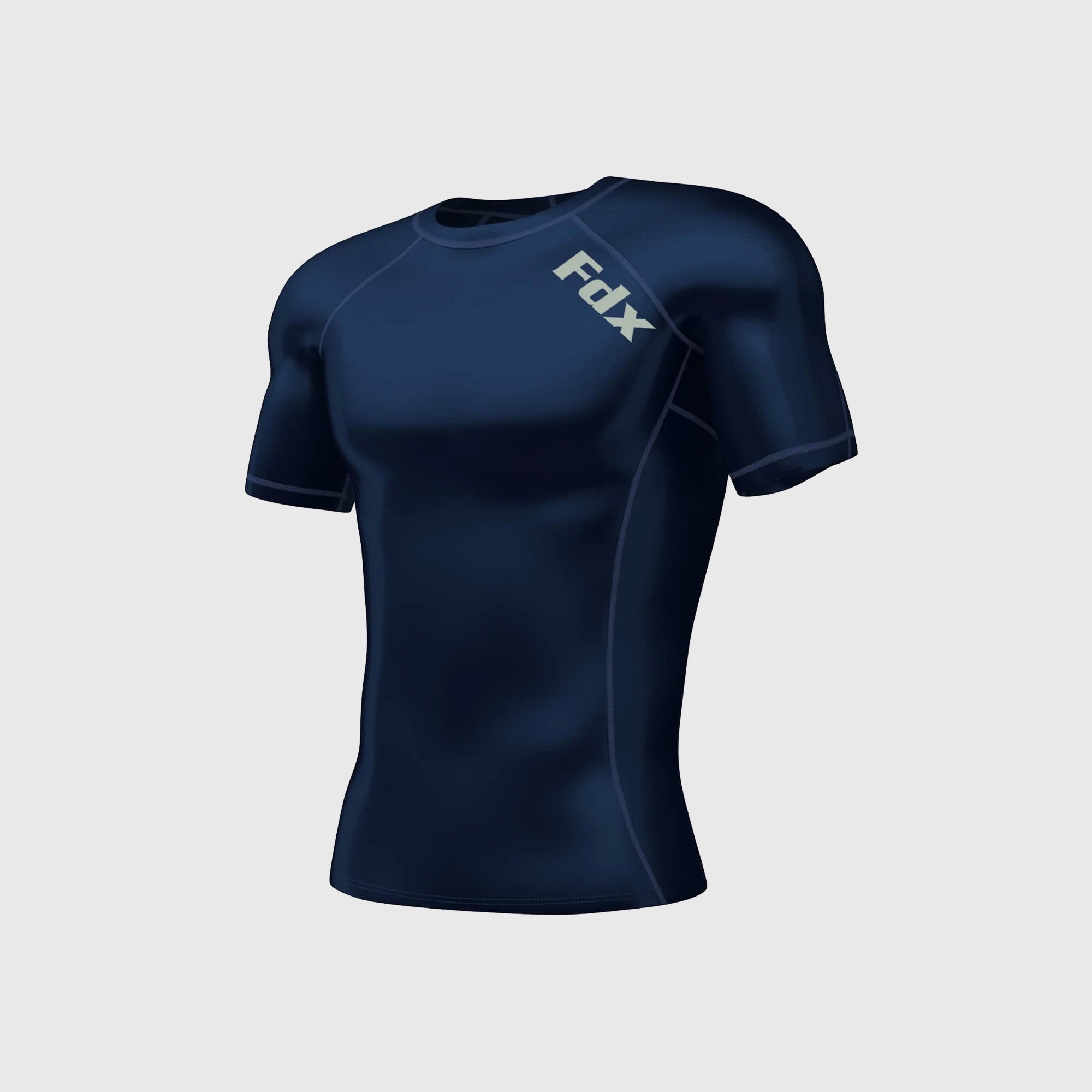Fdx Mens Navy Blue Short Sleeve Compression Top Running Gym Workout Wear Rash Guard Stretchable Breathable Baselayer Shirt - Cosmic