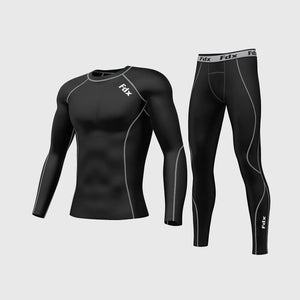 Fdx Mens Black & Grey Long Sleeve Compression Top & Compression Tights Base Layer Gym Training Jogging Yoga Fitness Body Wear - Blitz