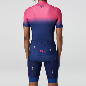 Fdx Women's Pink & Blue Short Sleeve Cycling Jersey & 3D Cushion Padded Bib Shorts Best Summer Road Bike Wear Light Weight, Hi viz Reflectors & Pockets - Duo
