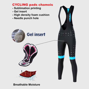 Fdx Womens Black & Sky Blue Gel Padded Cycling Bib Tights For Winter Roubaix Thermal Fleece Reflective Breathable Warm Leggings - Polka Dots Bike Pants