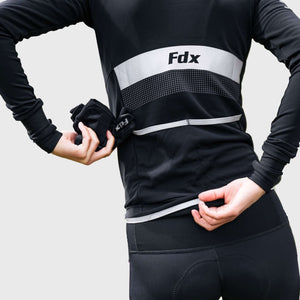 Fdx Mens Road cycling Black Long Sleeve Jersey for Winter Roubaix Thermal Fleece Road Bike Wear Top Full Zipper, Pockets & Hi-viz Reflectors - Arch