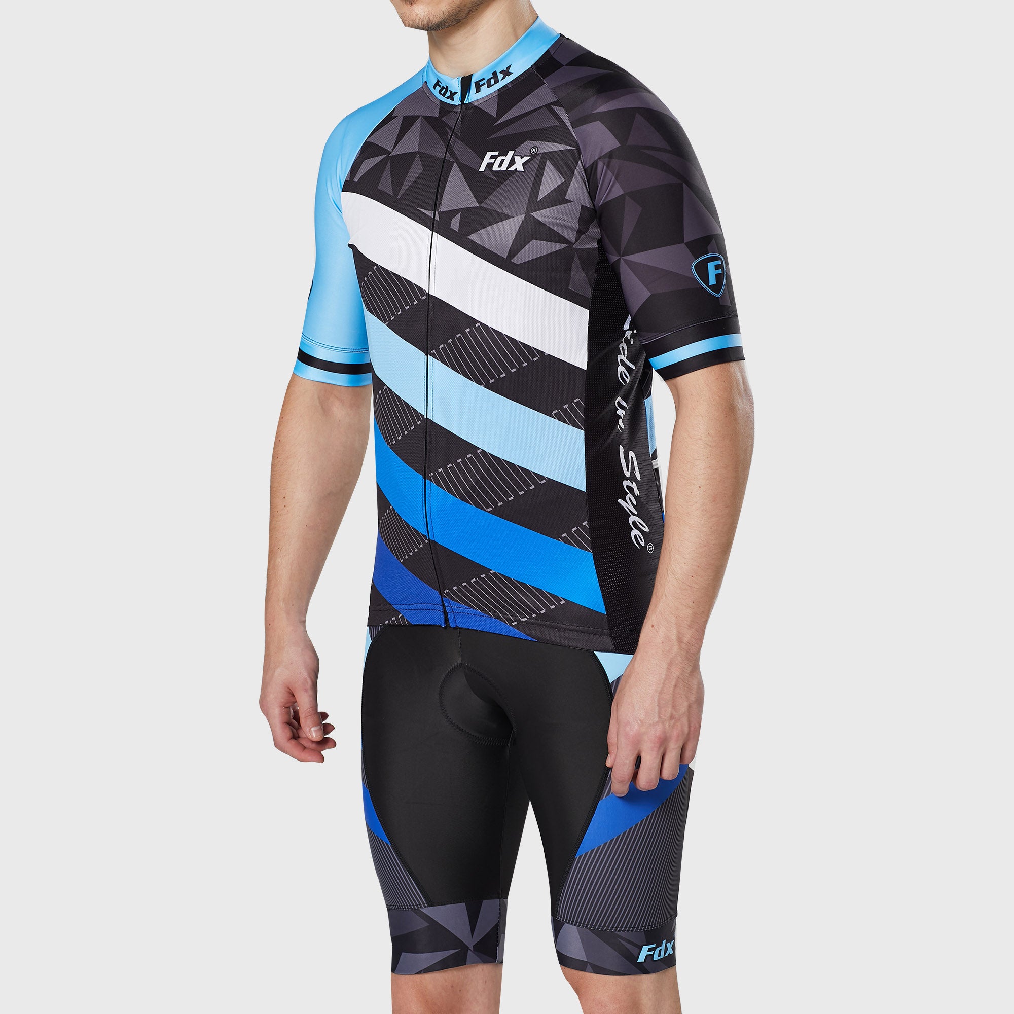 Fdx Mens Blue Short Sleeve Cycling Jersey & Gel Padded Bib Shorts Best Summer Road Bike Wear Light Weight, Hi-viz Reflectors & Pockets - Equin