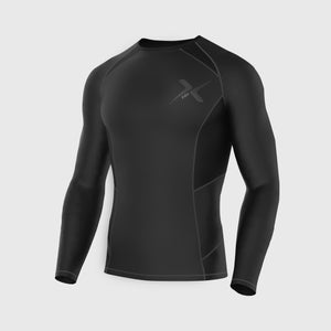 Fdx Mens Black & Grey Long Sleeve Compression Top & Compression Tights Base Layer Gym Training Jogging Yoga Fitness Body Wear - Recoil