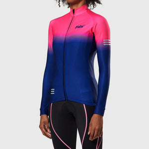 Fdx Women's Pink & Blue Long Sleeve Cycling Jersey & Cushion Padded Bib Tights Pants for Winter Roubaix Thermal Fleece Road Bike Wear Windproof, Hi viz Reflectors & Pockets - Duo