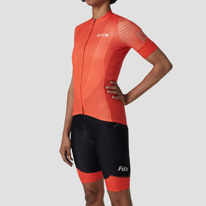 Fdx Women's Best Orange Short Sleeve Cycling Jersey & Gel Padded Bib Shorts Summer Road Bike Wear Light Weight, Breathable Hi viz Reflective Strips & Pockets - Essential